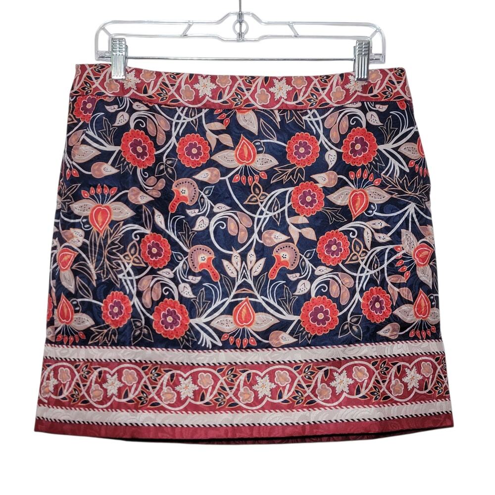 Tory Burch Floral Mini Skirt Blue Red Cotton Blend Pockets XL Resort